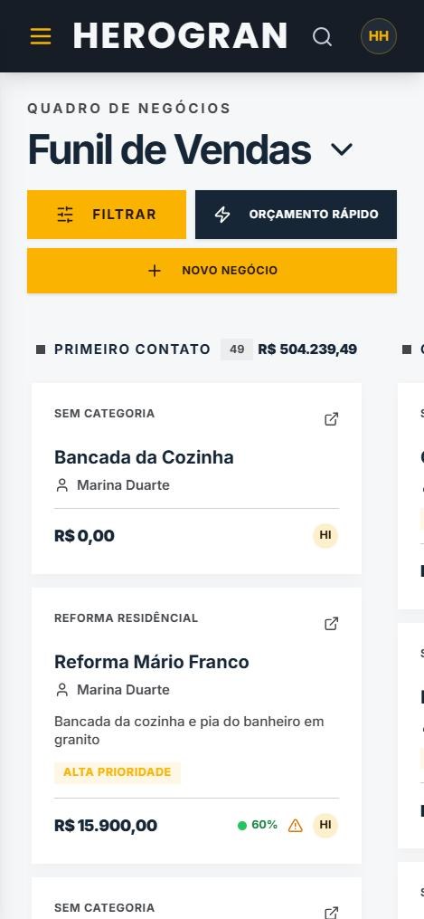 Funil de vendas do HEROGRAN no celular